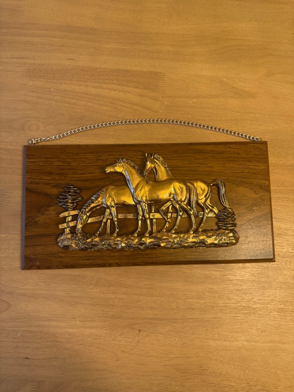 Vintage Copper 3-D Relief Horses Wall Decor Plaque Sculpture on Wood Board